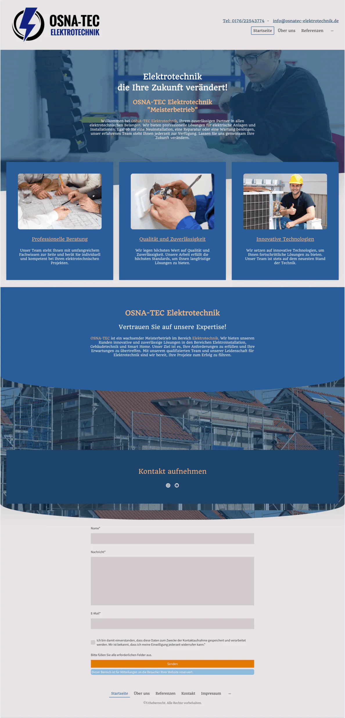 Vorher-Ansicht der früheren OSNA-TEC-Website mit blauem Hero, drei Leistungskacheln und Kontaktformular.