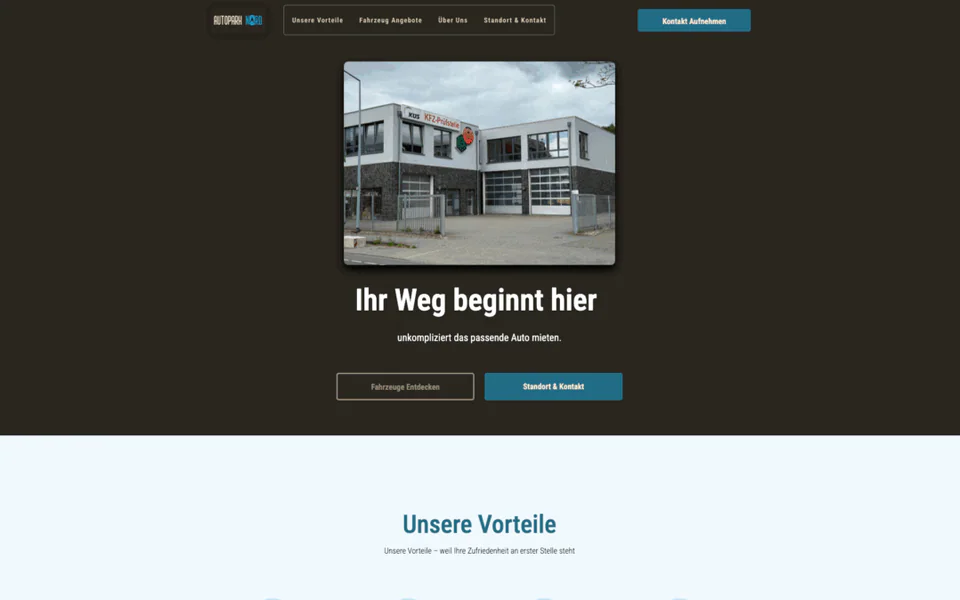 Startbereich der Autopark-Nord-Website mit Gebäudeaufnahme und der Überschrift „Ihr Weg beginnt hier“.