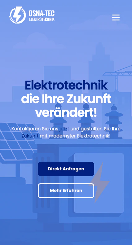 Mobile Startansicht der OSNA-TEC-Website mit Elektrotechnik-Motiv und den Schaltflächen „Direkt anfragen“ und „Mehr erfahren“.